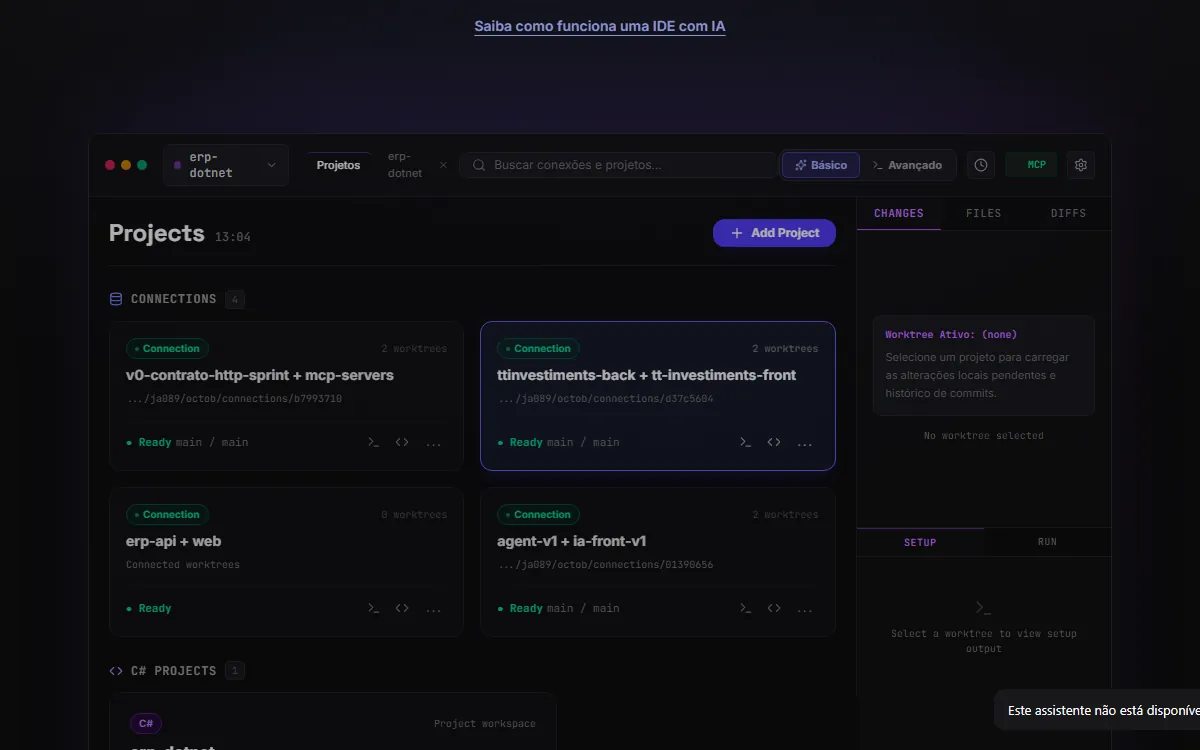 Interface da IDE com IA Octob analisando um projeto